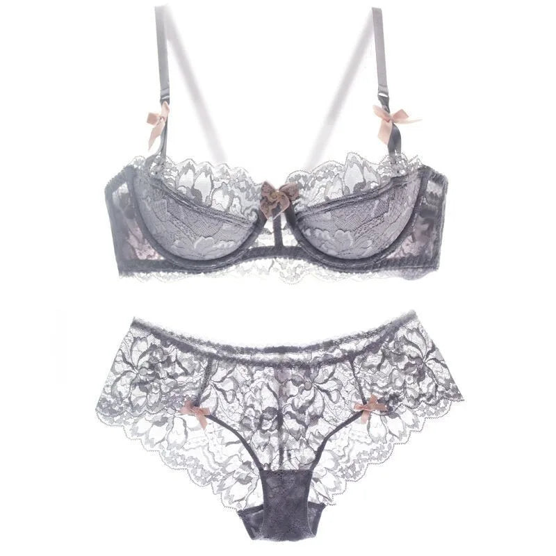 French Pure Passion Bow Shaped Shoulder Strap Lace Sexy Half Cup Push Up Bra Set Women's Thin Lingerie Big Breast Small Cup S-XL