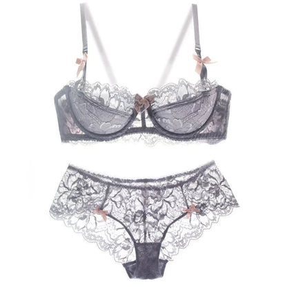 French Pure Passion Bow Shaped Shoulder Strap Lace Sexy Half Cup Push Up Bra Set Women's Thin Lingerie Big Breast Small Cup S-XL
