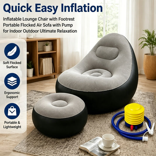 Quick Easy InflationInflatable Lounge Chair with Footrest Portable Flocked Air Sofa with Pump for Indoor Outdoor Relaxation