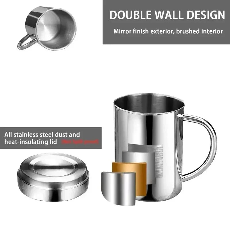 Stainless Steel Cup with Handle, Easy Clean Reusable Portable Water Cup 300/400ml for Office Outdoor Camping