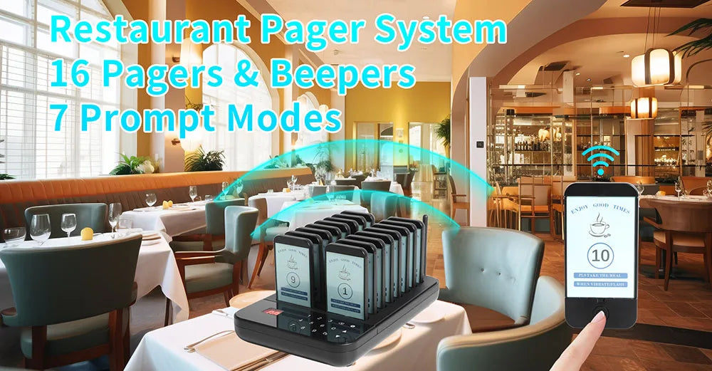 Wireless Restaurant Pager System Guest Customer Calling 16 Beepers Pager Buzzer For Restaurant Food Court Cafe Beach Bar