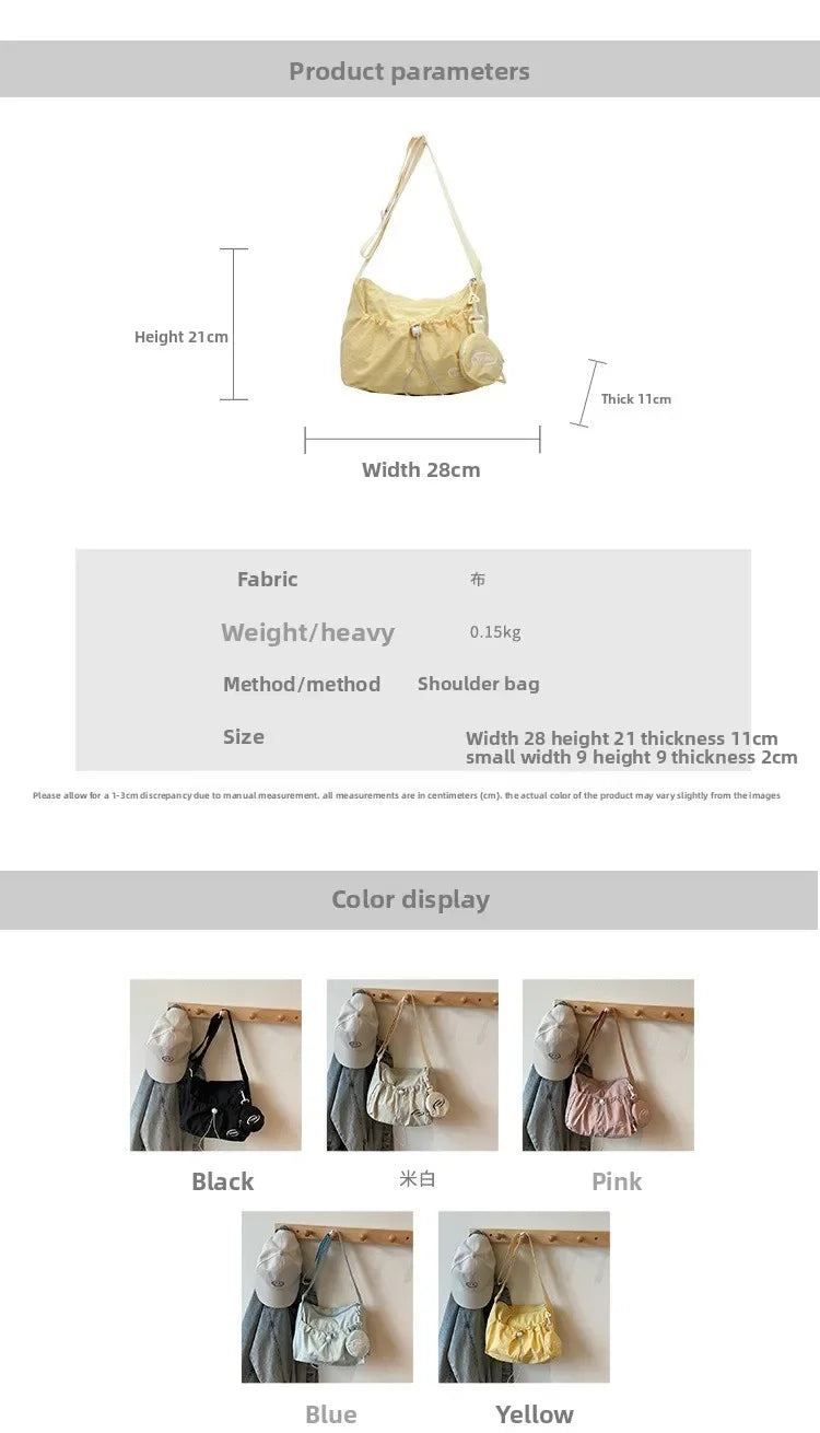 Chic Nylon Crossbody Bag Casual Drawstring Messenger Bag with Detachable Pouch, Adjustable Strap Shoulder Purse for Daily Travel