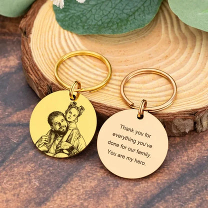 Custom Photo Engraved Keychain Personalized Family Portrait Round Stainless Steel Key Ring Custom Picture Key Gift For Dad