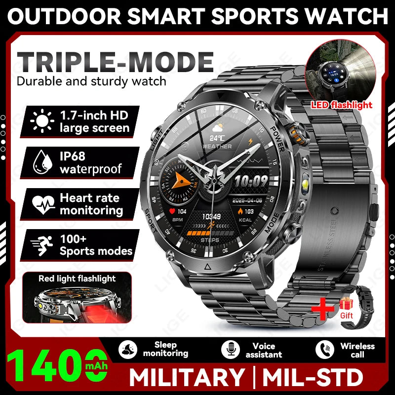 Smartwatch LIGE 2026 wojskowy, bateria 1400mAh, dla mężczyzn, latarka zewnętrzna, wodoodporność IP68, pulsometr, połączenia Bluetooth, bransoletka sportowa