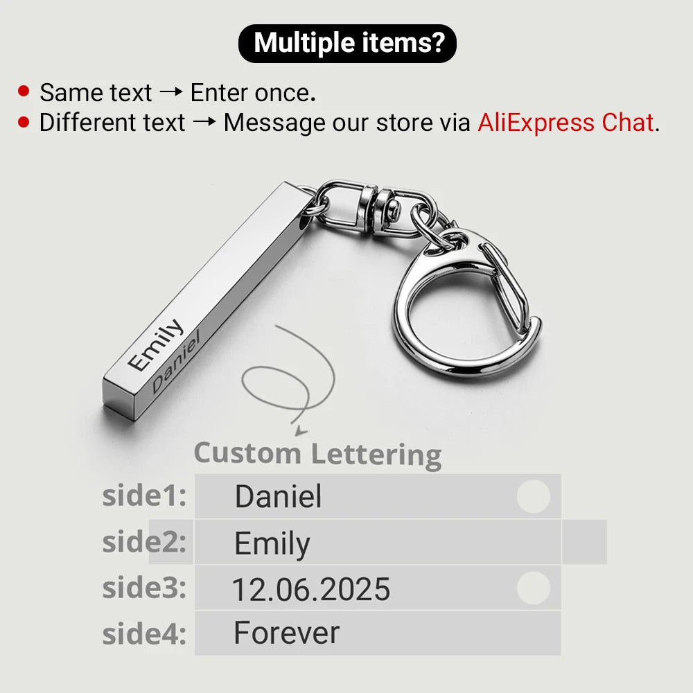 1-10PCS Stainless Steel Personalized Keychain Custom Engraved 4 Sides DIY Name Text Key Ring Gift for Men Women Keyrings DP039