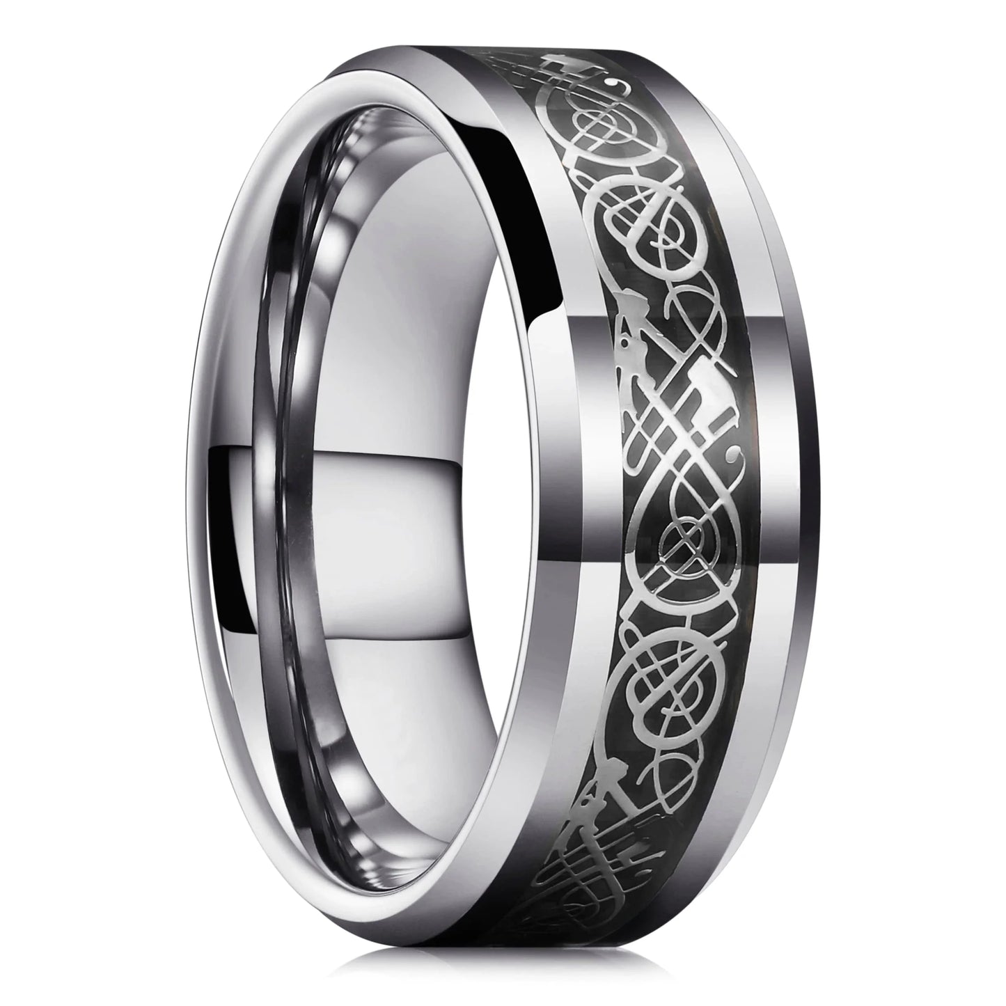 30 Colors Fashion 8MM Men Stainless Steel Celtic Dragon Rings Inlay Carbon Fiber Rings For Men Women Wedding Party Jewelry Gifts