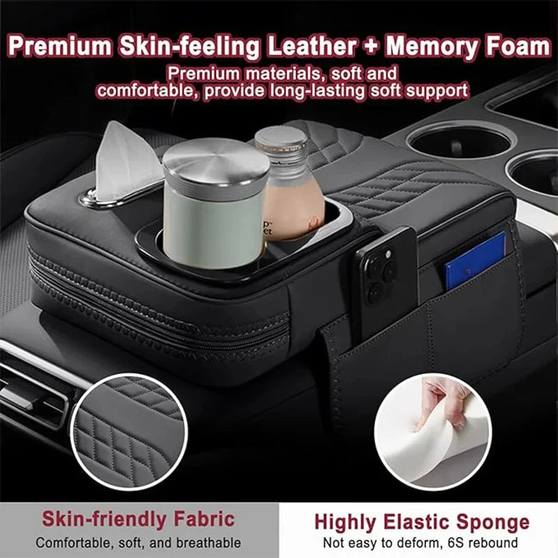 Car Center Console Organizer Non - Slip Leather Armrest Cushion with Side Pocket Tissue Box Cup Holder Black