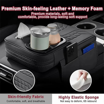 Car Center Console Organizer Non - Slip Leather Armrest Cushion with Side Pocket Tissue Box Cup Holder Black