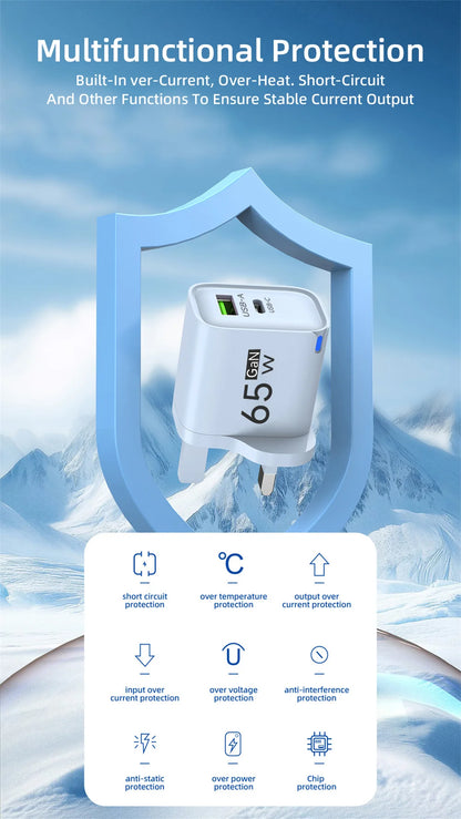65W USB Fast Charging Charger Type C Quick Charger Portable Mobile Phone Plug EU/US/UK Wall Adapter For iPhone Samsung Xiaomi