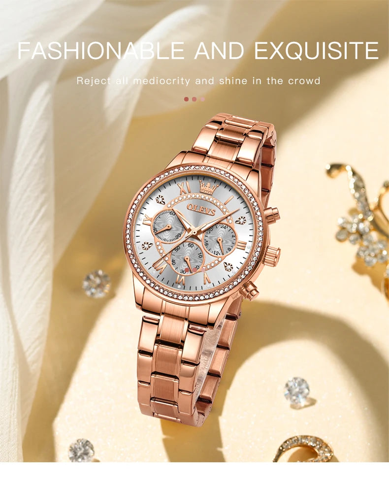 OLEVS Women's Watches Top Brand Luxury Original Quartz Watch for Ladies Chronograph Waterproof Luminous Rhinestone Dial 24 Hour