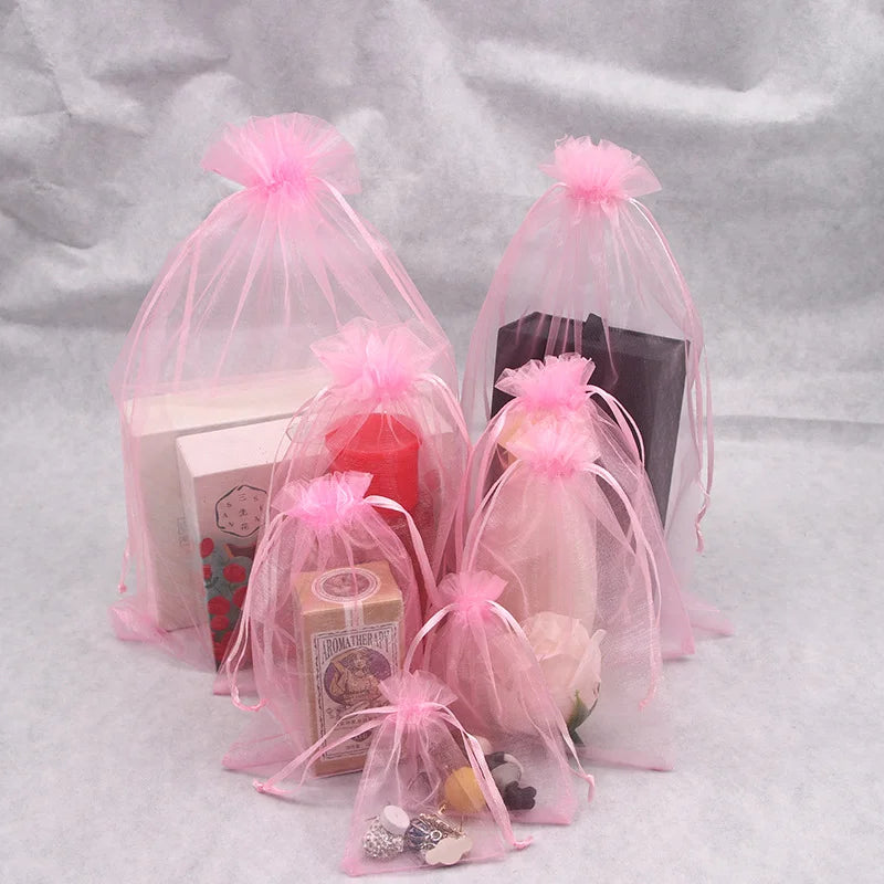 100PCS Organza Bags Random Mesh Organza Jewelry Bags Drawstring, Small Drawstring Favor Pouches Christmas Candy Wedding Birthday