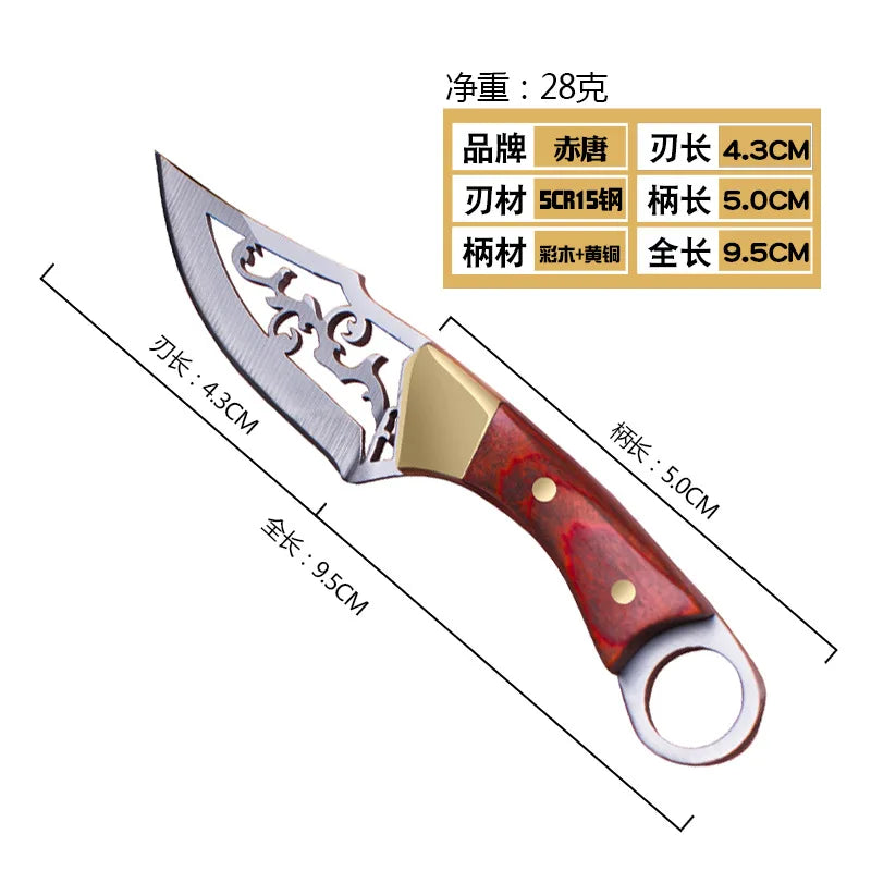 Portable Mini Knife Brass Wood Unboxing Hollow Blade EDC Fixed Blade Leather Cover Cutter Outdoor Surivival Tools Gift