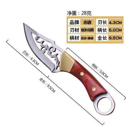 Portable Mini Knife Brass Wood Unboxing Hollow Blade EDC Fixed Blade Leather Cover Cutter Outdoor Surivival Tools Gift