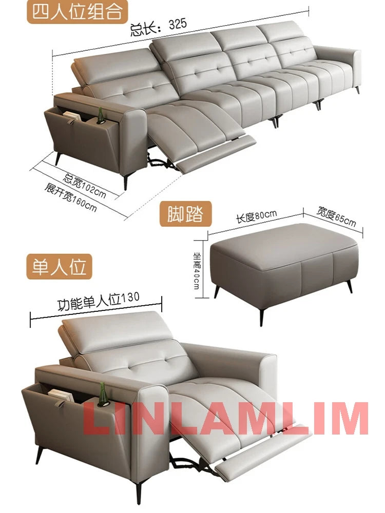 Modern Power Reclining Sofa with Adjustable Headrests – Genuine Leather Recliner Couch with USB, Side Storage and Cup Holders