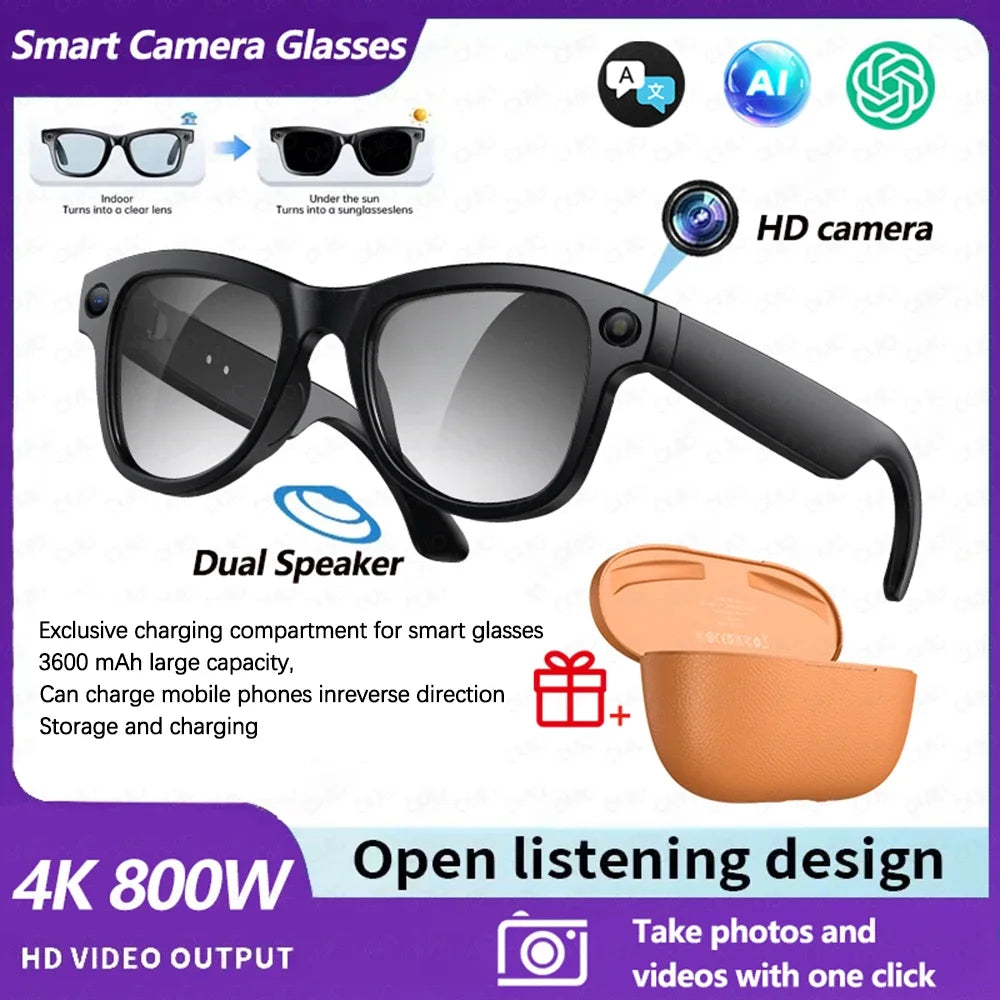 2026 Smart AI Glasses 4K HD Camera M02 Ultra ChatGPT 3600mAh Charging Case Power Bank 32GB Translation Music Video Sunglasses