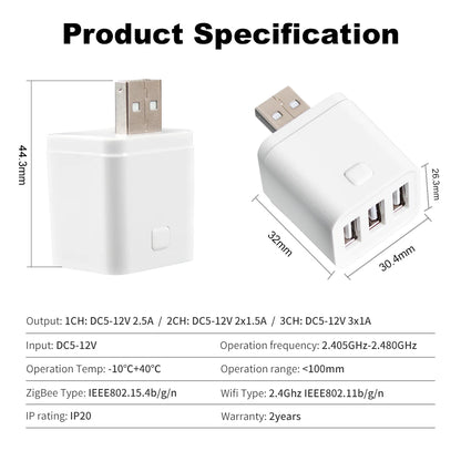 Tuya WiFi/Zigbee Mini Smart USB Adapter Plug 1/2/3 Gang Smart Life APP Timing DIY ON/OFF Controller Works with Alexa Google Home
