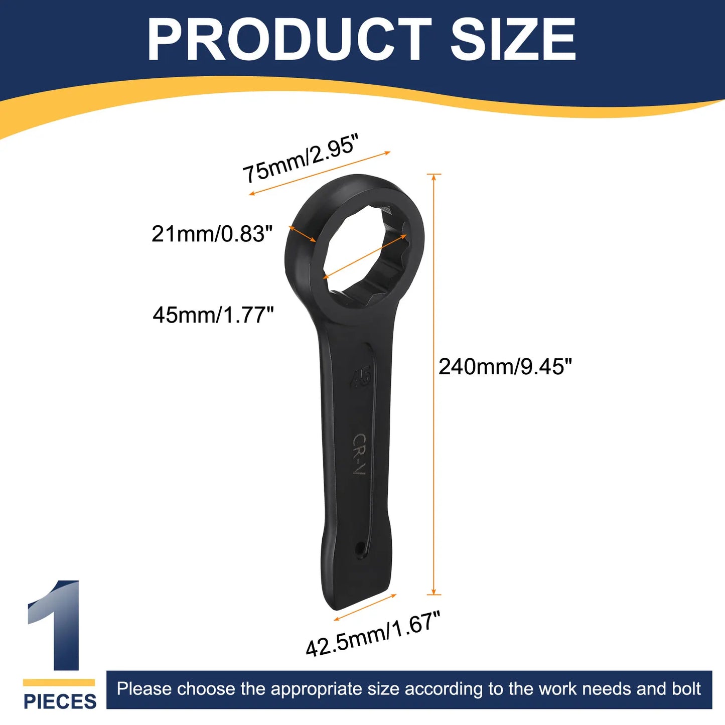 Uxcell Box End Striking Ring Wrench 17mm-48mm Metric CR-V Steel 12-Point Flat Strike Wrench Baking Paint Single Head Spanner