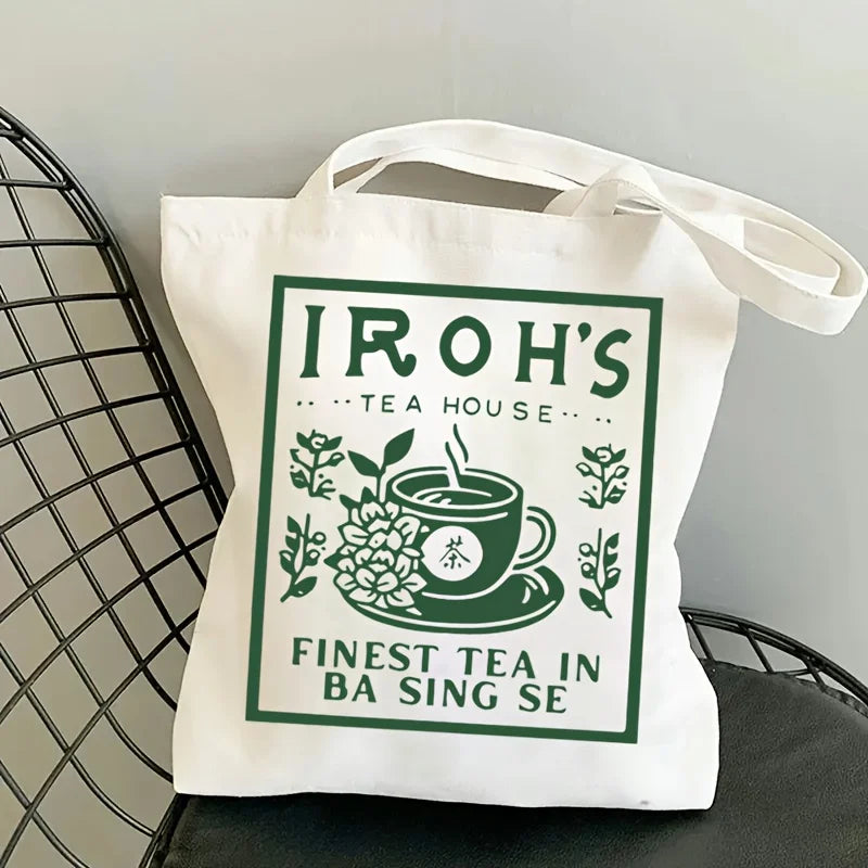 A Iluo Teahouse Pattern printed canvas tote bag, suitable for daily use, shopping, school, and travel