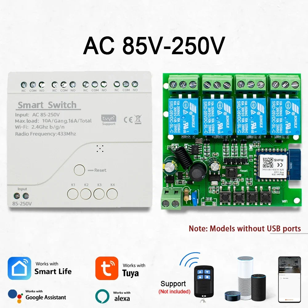 Tuya / Ewelink 4CH WiFi / Zigbee Smart Relay Switch Module 4 Channel AC DC 7-32V 85-250V RF433 Receiver for Alexa Google Home