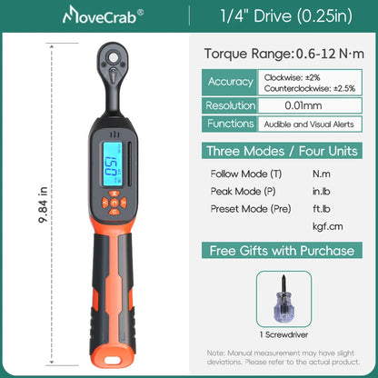 MOVECRAB Series Digital Torque Wrench 1.5-340N.m 2% Accuracy Preset Values with Buzzer, LED Flash & HandleVibration Notification