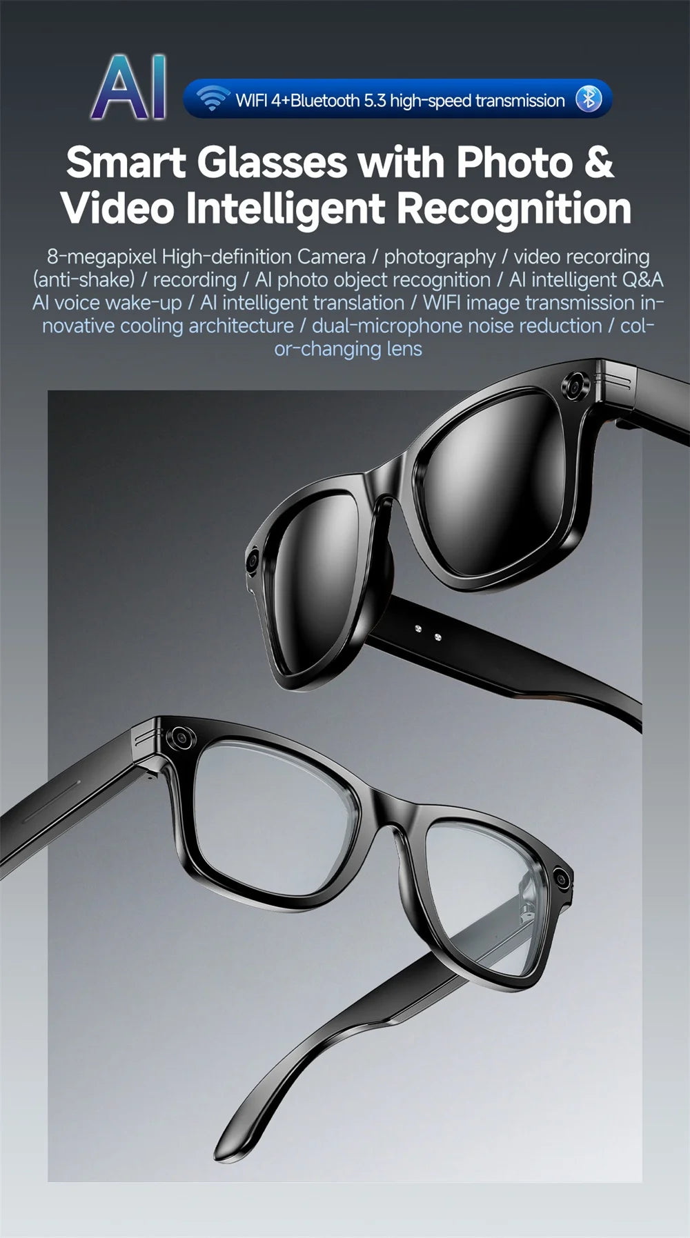Smart Glasses With 800W Intelligent Translation Al Voice Wake-up Intelligent Q&A Interaction Call Noise Reduction EIS Anti Shake