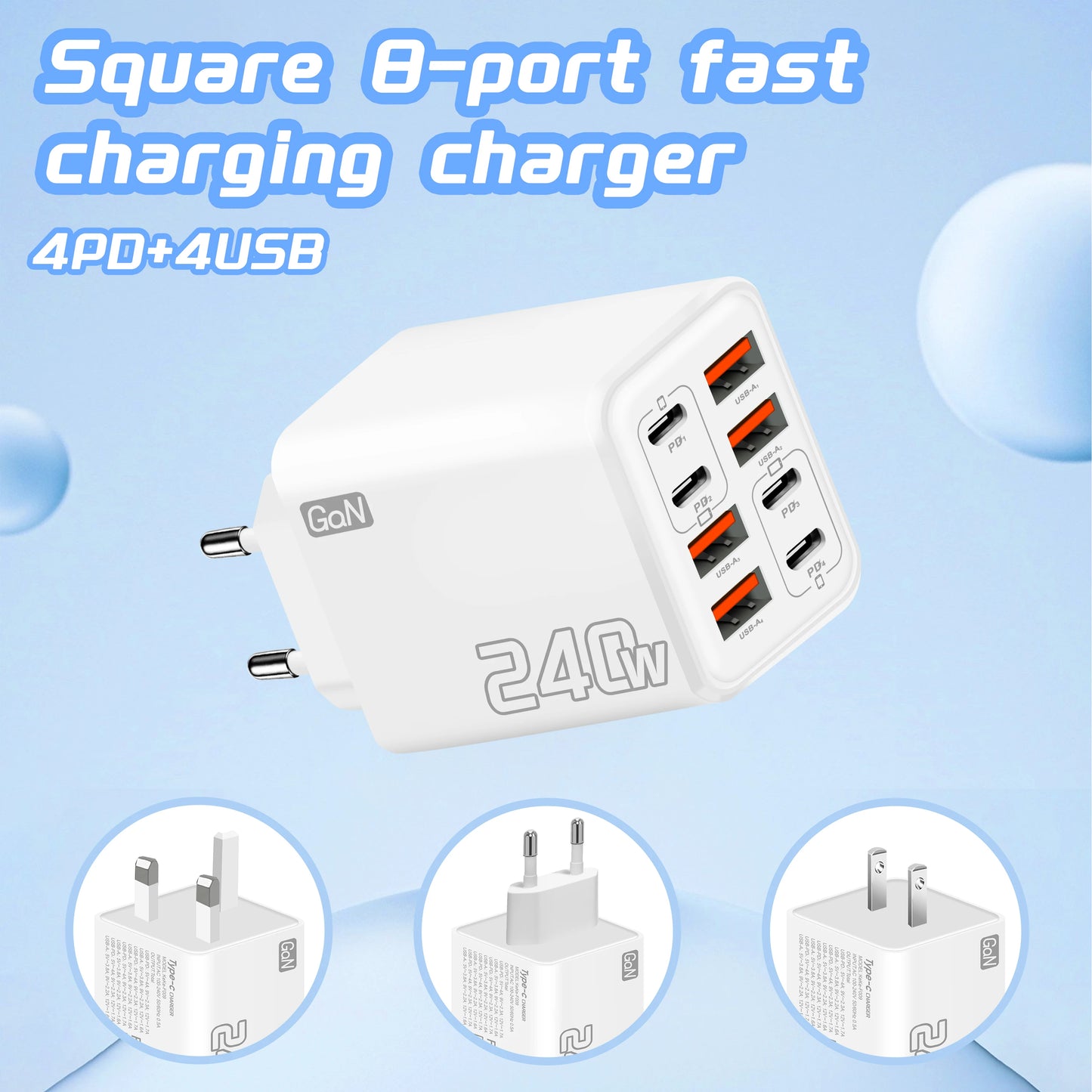 Ładowarka GaN USB C 240 W 8 w 1 Szybkie ładowanie Ładowarka do telefonu Zasilacz do iPhone'a Samsung Xiaomi Typ C Ładowarka ścienna z wtyczką EU/US