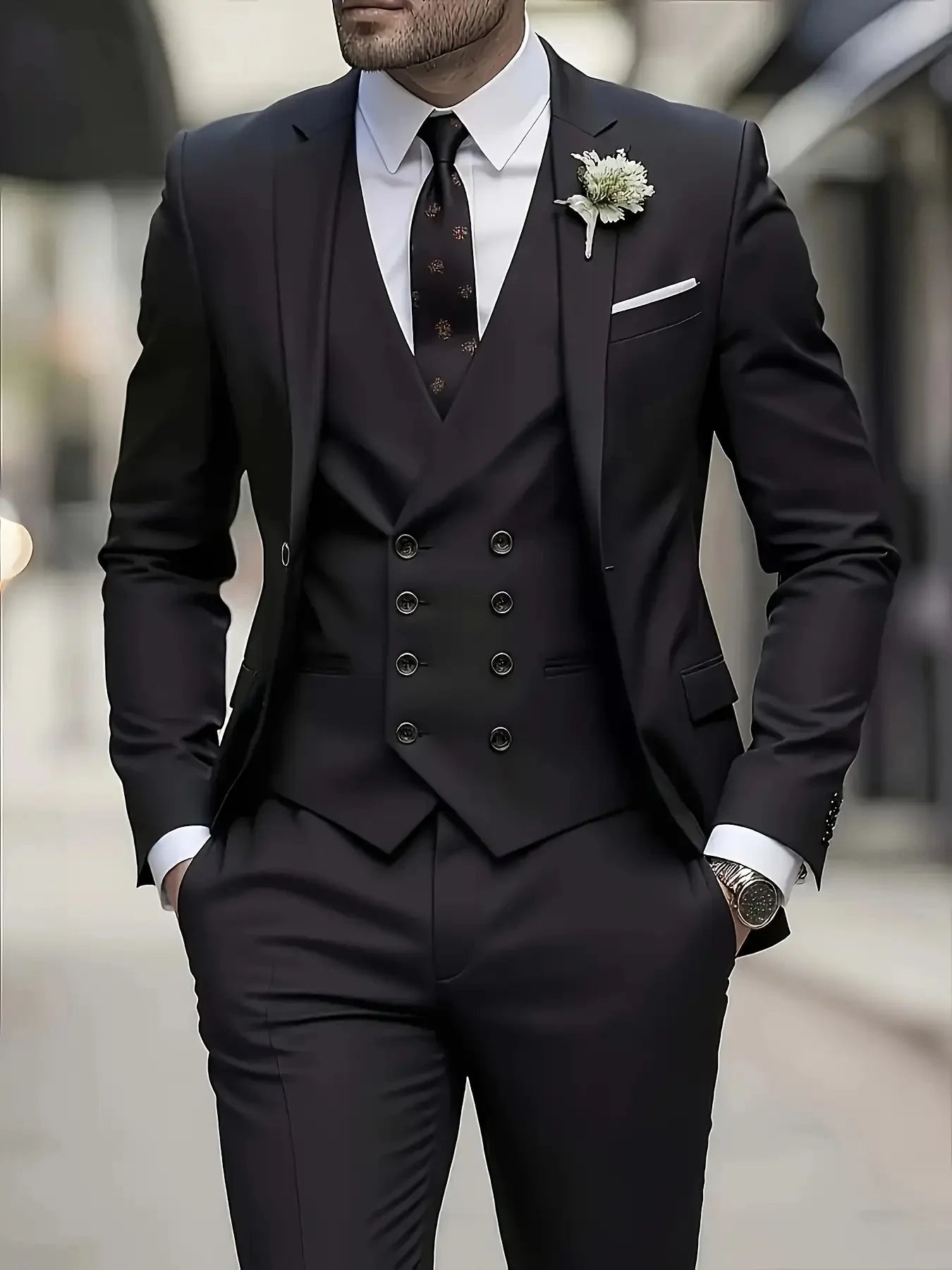 Men's Business Formal Suit 3-Piece Single Breasted Notch Lapel Solid Double Breasted Vest Elegant Office Party Wedding
