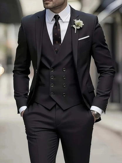 Men's Business Formal Suit 3-Piece Single Breasted Notch Lapel Solid Double Breasted Vest Elegant Office Party Wedding