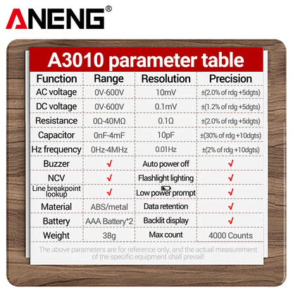 ANENG A3010 Pen-Type Multimeter 4000 Counts Digital True-RMS Backlight Multi Meter Auto Range Tester LCD Electrician Tester Tool