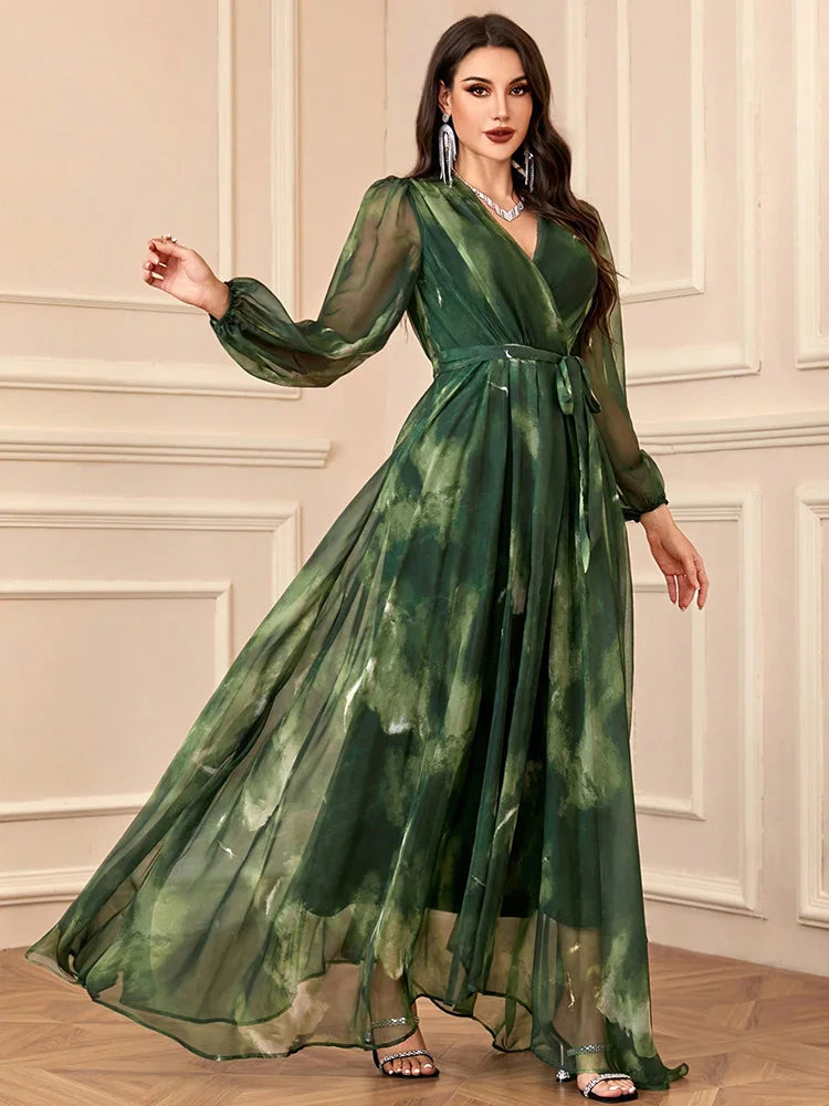 TOLEEN Women's V-Neck Cross Wrap Elegant Long Sleeve Random Print Summer Dress 2024 New Spring Casual Formal Party Maxi Dresses
