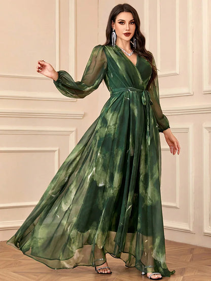 TOLEEN Women's V-Neck Cross Wrap Elegant Long Sleeve Random Print Summer Dress 2024 New Spring Casual Formal Party Maxi Dresses