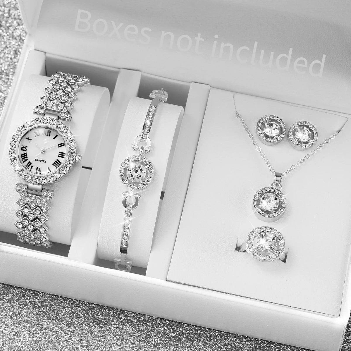 6PCS/Set Luxury Rhinestone Women's Watch Silver Band Ladies Roma Dial Quartz Watch Jewelry Set（Without Box）