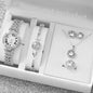 6PCS/Set Luxury Rhinestone Women's Watch Silver Band Ladies Roma Dial Quartz Watch Jewelry Set（Without Box）