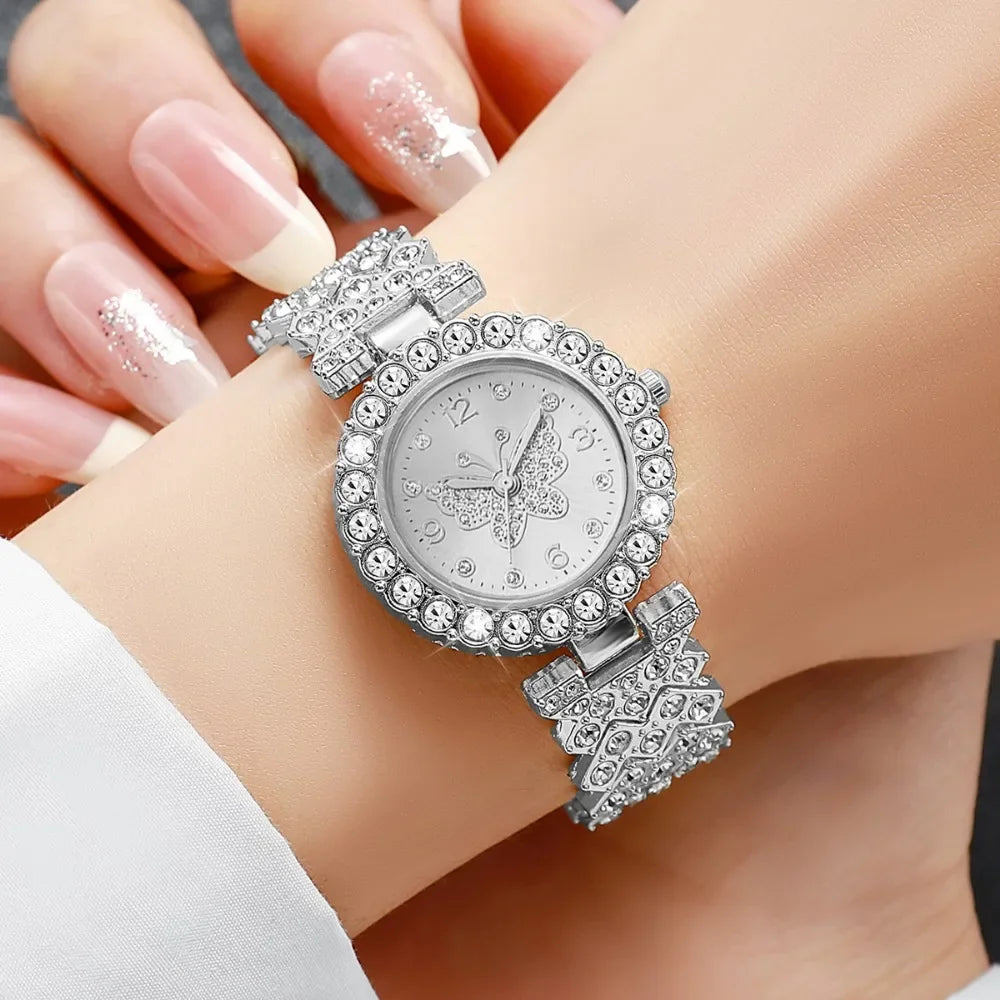 5PCS Luxury Rhinestone Butterfly Dial Women Quartz Watch Jewelry Set Elegant Ladies Bracelet Wristwatch Reloj Mujer（Without Box）