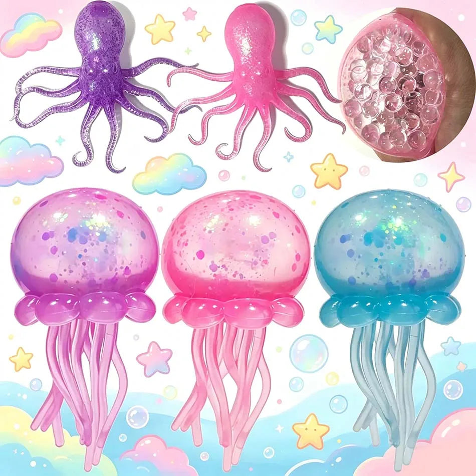 Glitter Octopus Squishy Toy Soft Stress Relief Fidget Toy Squeeze Jellyfish Squishy Compression Decompression Toy for Kid Adults