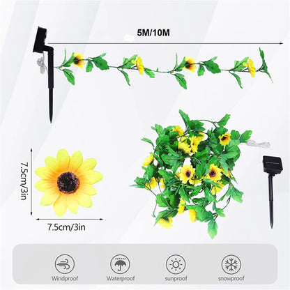 2/5/10M Solar Sunflower String Light Outdoor Waterproof Artificial Flower Vine Atmosphere Lamp For Home Party Holiday Decoration