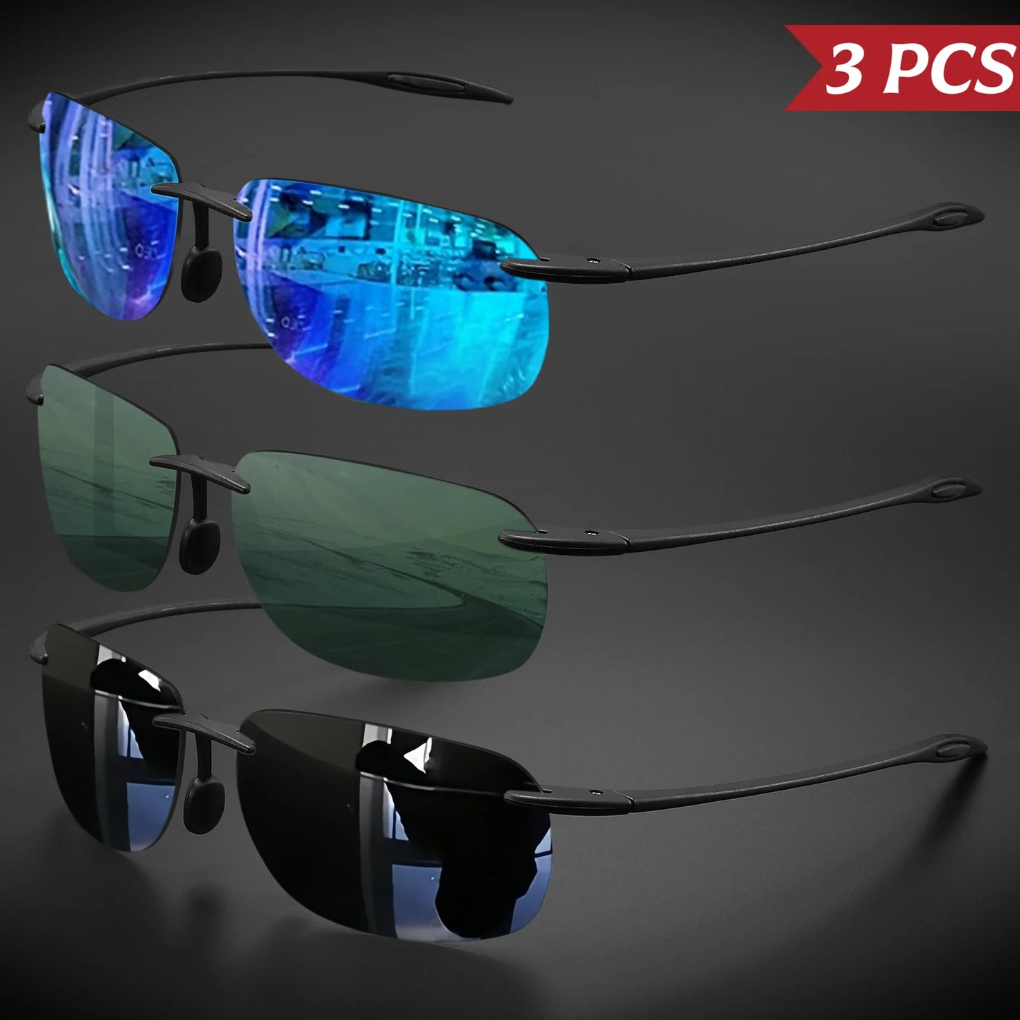 3PCS Ultra Light 11g TR90 Frameless Polarized Sunglasses - Flexible & Comfort Fit, Square Shape for Driving, Fishing, Outdoor