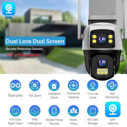 V380Pro 8MP 4G WiFi Dual Lens Dual Screen PTZ Camera IP66 Waterproof Human Detection Security Cam