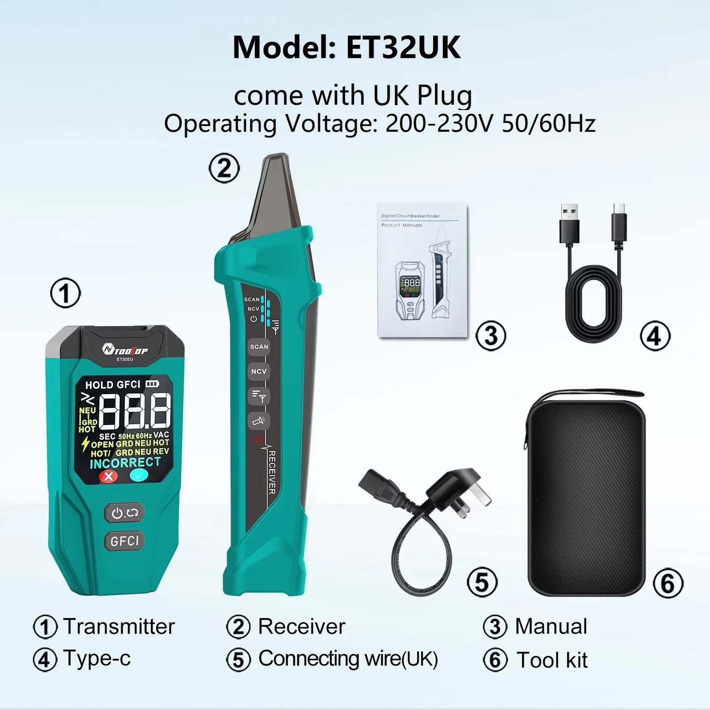 TOOLTOP ET32 Digital Circuit Breaker Finder Neutral/Live Wiring Detect GFCI Outlet Tester US/EU/UK Socket Voltage Measurement
