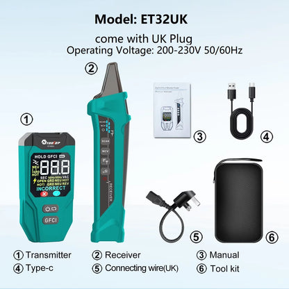 TOOLTOP ET32 Digital Circuit Breaker Finder Neutral/Live Wiring Detect GFCI Outlet Tester US/EU/UK Socket Voltage Measurement