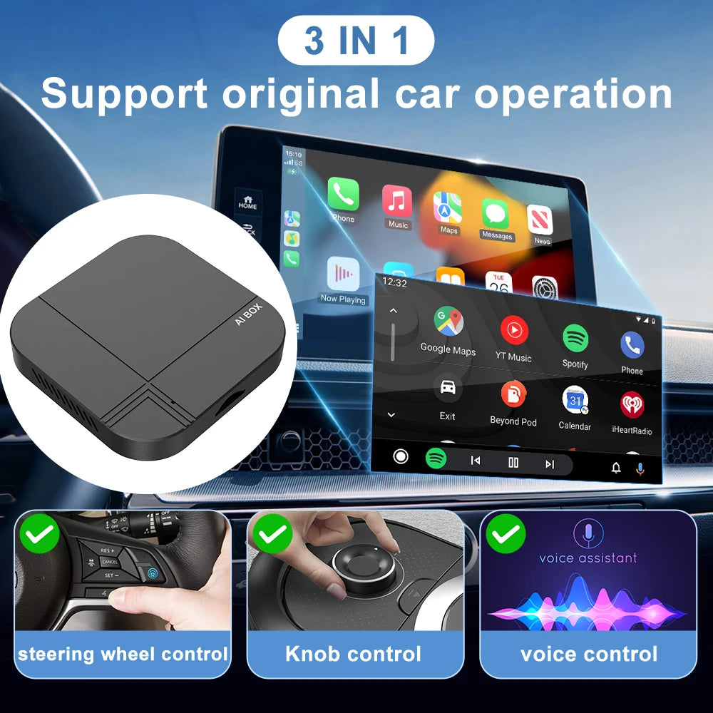 Kowankit 2026 4+32G Wireless CarPlay AI Smart Box 3 in 1 Android Auto Tv Box Netflix Youtube For Toyota Nissan Benz Honda Ford