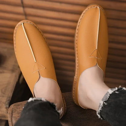 Fashion Leather Men Casual Shoes Slip on Man Loafers Breathable Soft Half Slippers Summer Flats Lightweight Lazy Driving Shoes