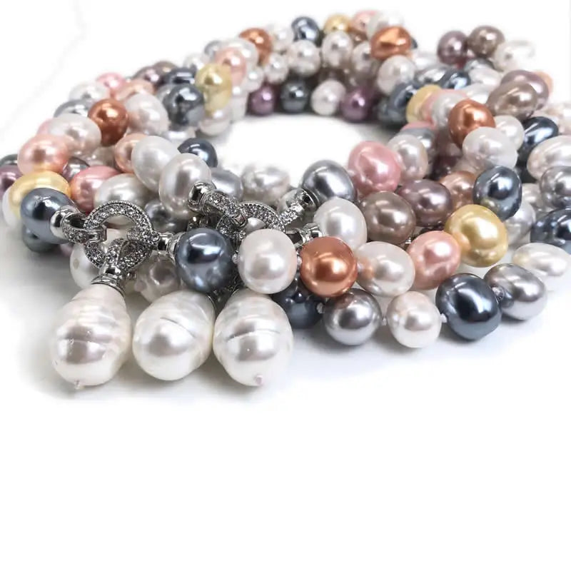 Luxury style Cultured 12-15m White Potato Freshwater Pearl Necklace Cz Pave Shell Pearl Pendant Weddding