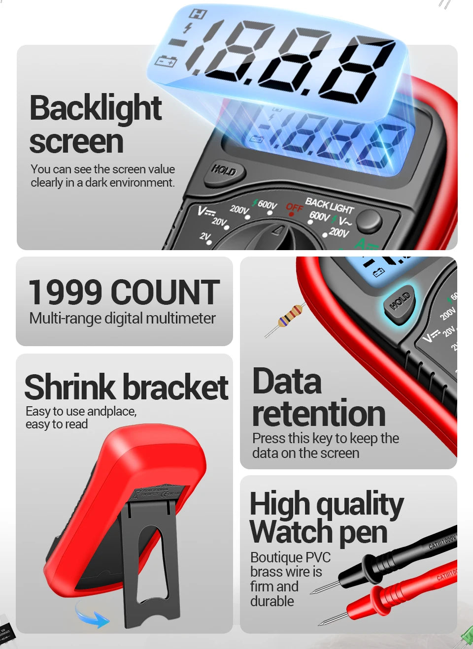 Digital Multimeter Professional ANENG AN8205C AC/DC Voltage Meter DC Current Resistance Diode -40℃~1000℃ LCD Backlight Tester