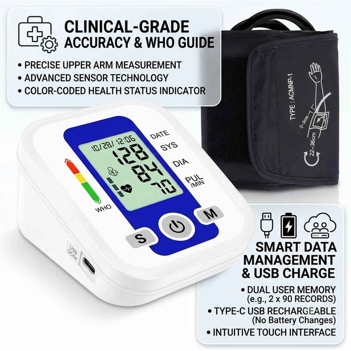 Automatic Arm Blood Pressure Monitor LCD Pressure Sensor Monitor BP Automatic Tonometer Digital Tensiometer LED Display Cuff