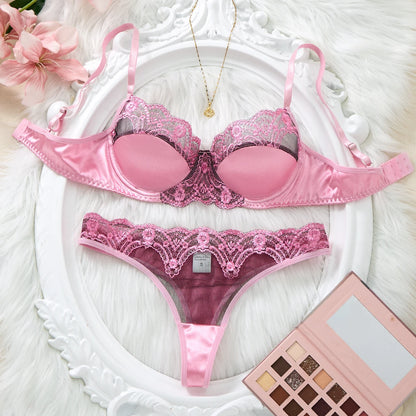 Women's Romantic Pink Lace Lingerie Set Padded Balconette Bra + Sheer Thong Satin Trim Date Night/Valentine's Underwear ZA824289