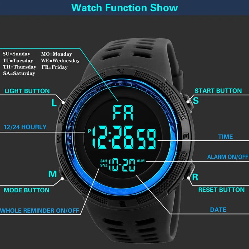 Men Sport Watch Multifunction Military Sports Watch Waterproof Luminous LED Digital Kids Watch Big Dial Student Electronic Watch