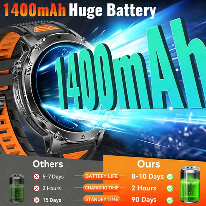 Smartwatch LIGE 2026 wojskowy, bateria 1400mAh, dla mężczyzn, latarka zewnętrzna, wodoodporność IP68, pulsometr, połączenia Bluetooth, bransoletka sportowa