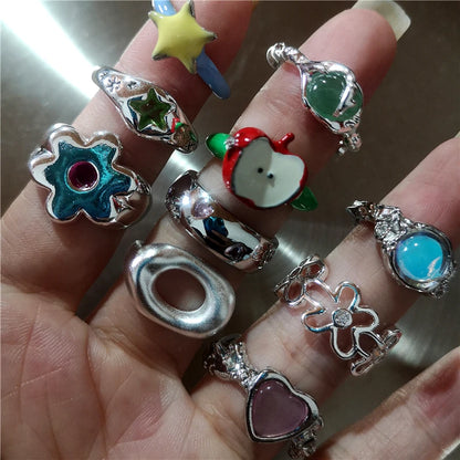 Korean Fashion Cute Heart apple Star Geometric Open Metal Ring For Women Y2K Gothic Creative Charm Grunge Jewelry Accessories