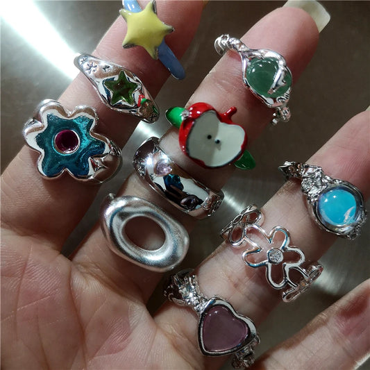 Korean Fashion Cute Heart apple Star Geometric Open Metal Ring For Women Y2K Gothic Creative Charm Grunge Jewelry Accessories